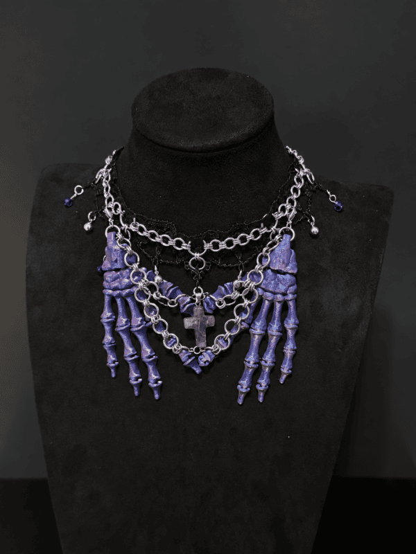 Violet Reliquary — The Keeper Edition | Skeletal Hand Purple Crystal Lace Choker